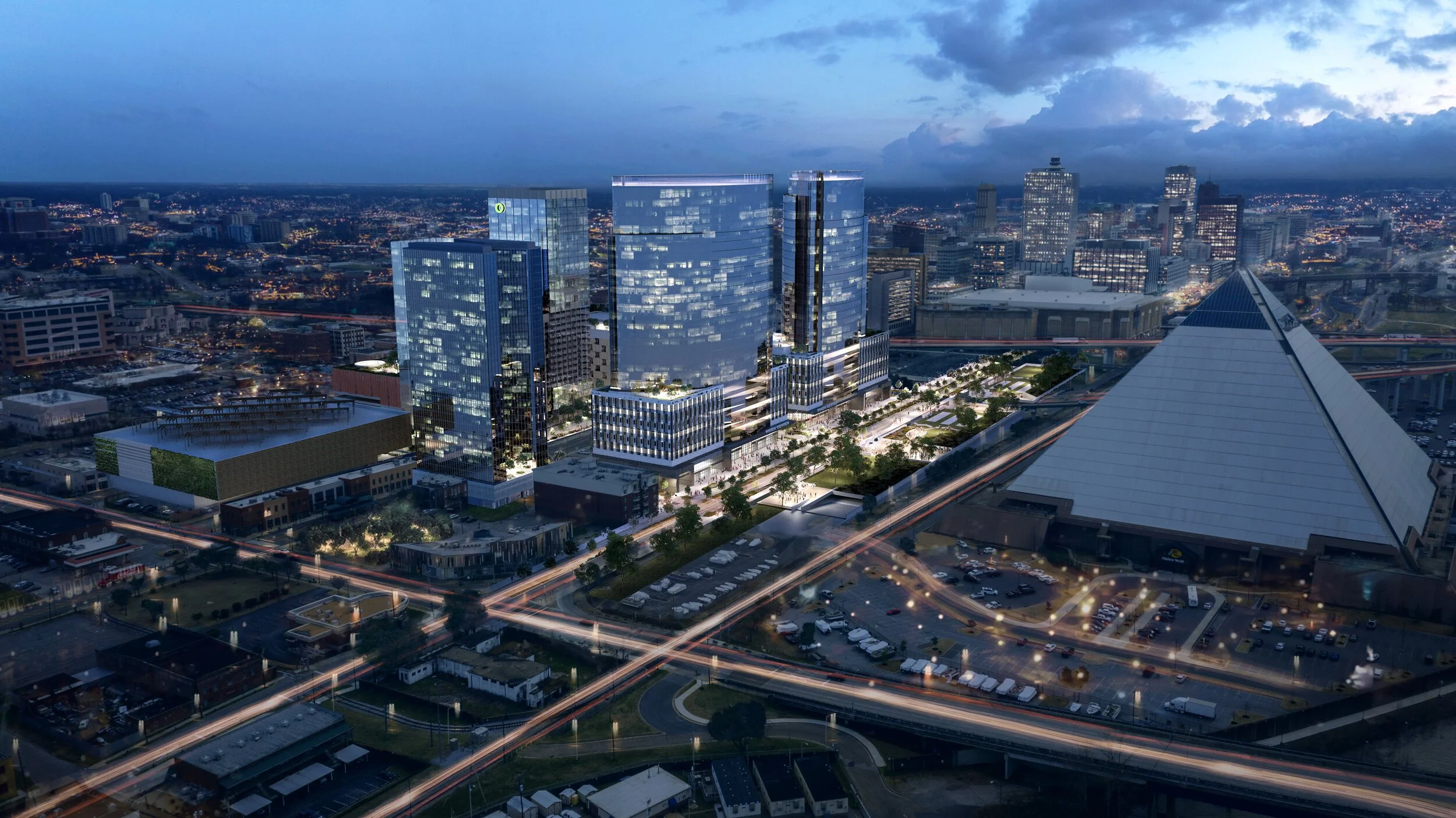 Skyline view of an 18 Main mixed-use development